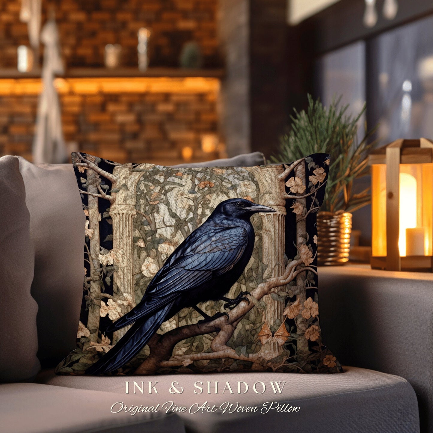 Crowcore Nature Pillow Woven | Gothic Pillow William Morris Art Pillow Raven Decor Crow Core Pillow Maximalist Rustic Pillow Dark Woodland