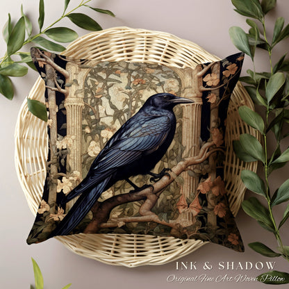 Crowcore Nature Pillow Woven | Gothic Pillow William Morris Art Pillow Raven Decor Crow Core Pillow Maximalist Rustic Pillow Dark Woodland