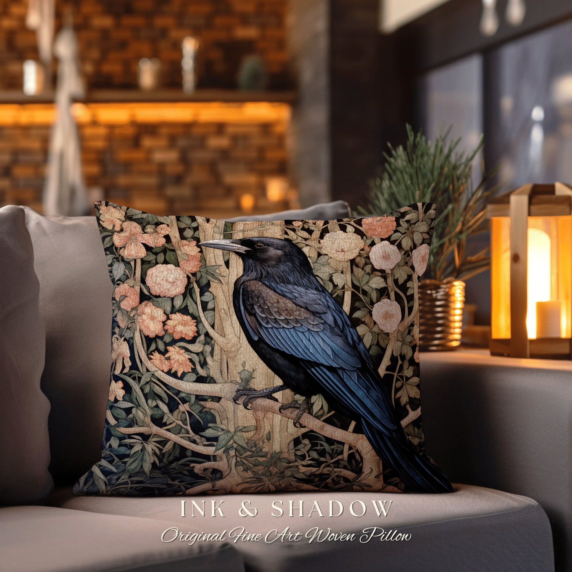 Dark Raven Accent Pillow | Gothic Decor Crowcore William Morris Inspired Pillow Aesthetic Medieval Woven Pillow Victorian Crow Core