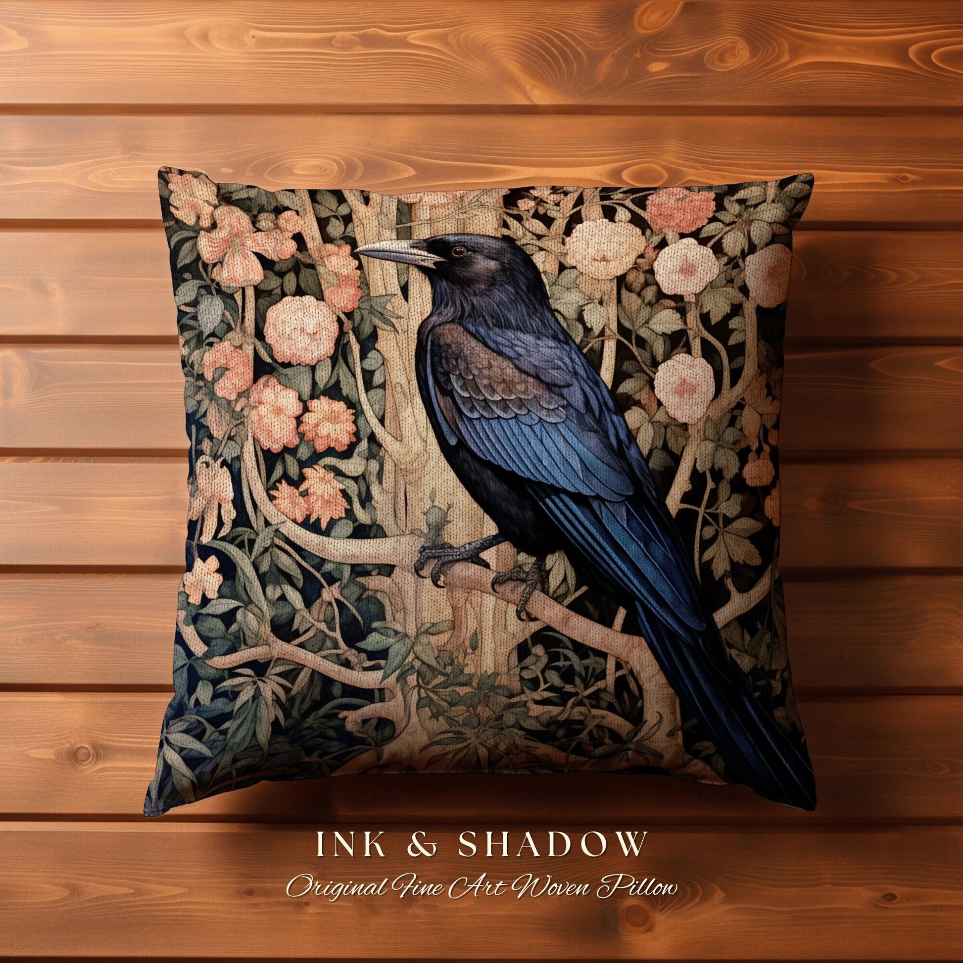 Dark Raven Accent Pillow | Gothic Decor Crowcore William Morris Inspired Pillow Aesthetic Medieval Woven Pillow Victorian Crow Core