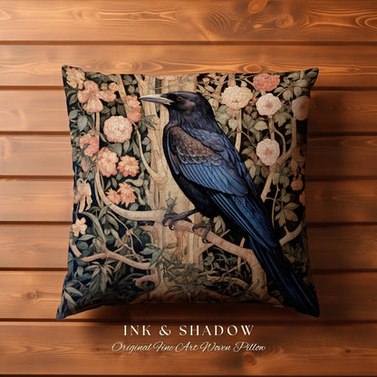 Dark Raven Accent Pillow | Gothic Decor Crowcore William Morris Inspired Pillow Aesthetic Medieval Woven Pillow Victorian Crow Core