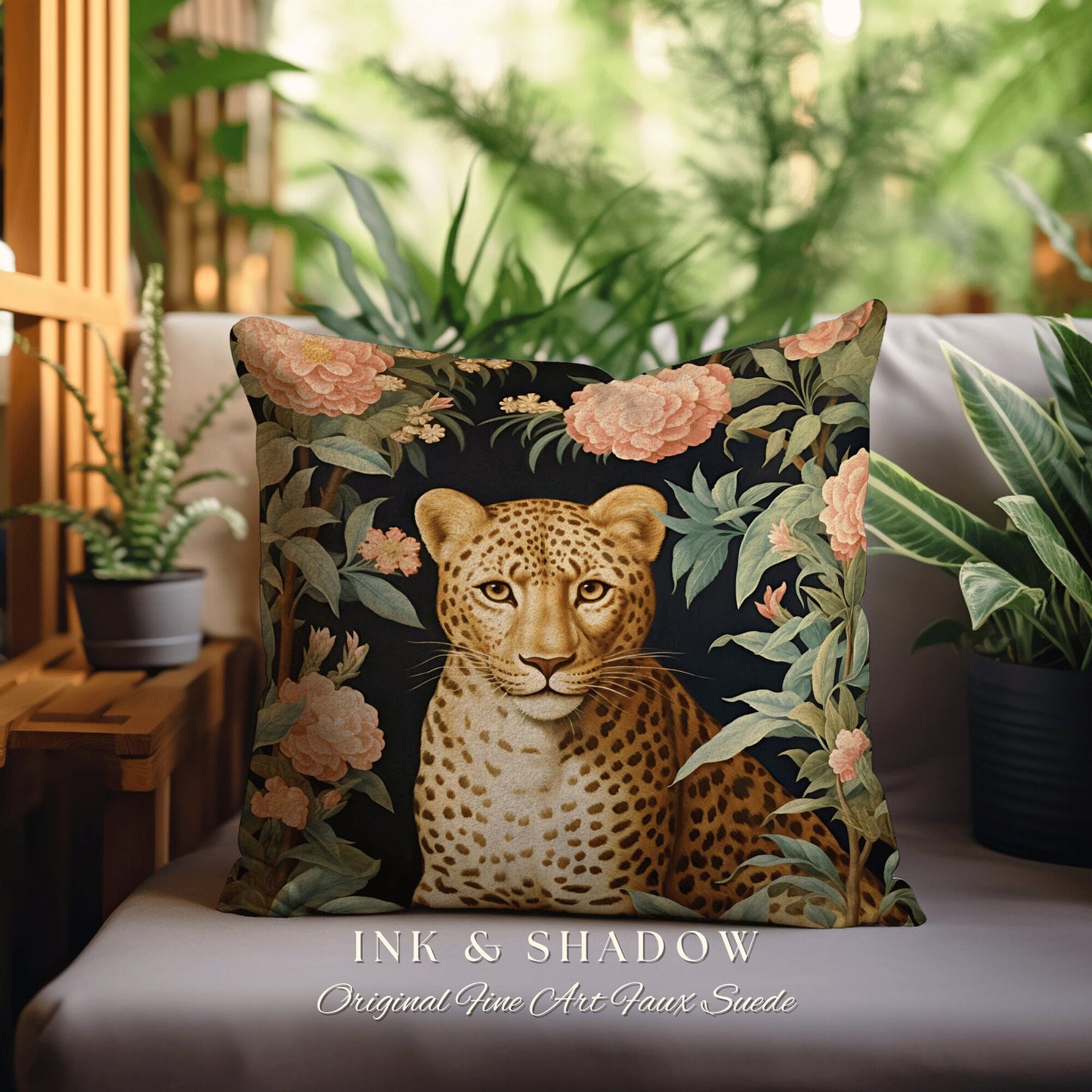 Cheetah Floral Throw Pillow | Dark Academia Tapestry Pillow William Morris Cushion Woodland Gothic Botanical Jungle Aesthetic Leopard Decor