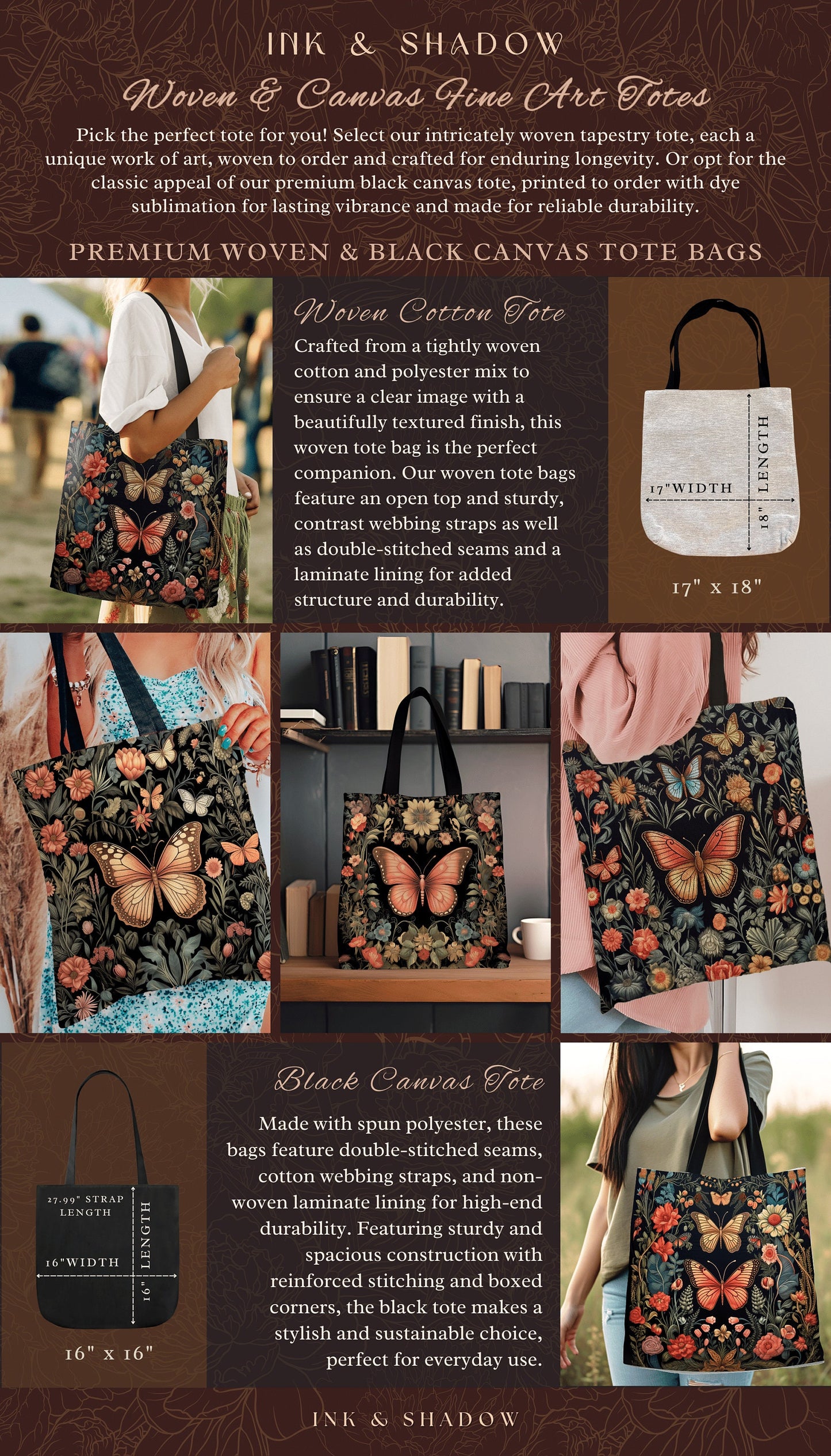 Fairy Grunge Butterfly Tote Bag Cottagecore Gift for Butterfly Lover Dark Academia Floral Satchel Witchy Fairycore Aesthetic Tapestry Bag