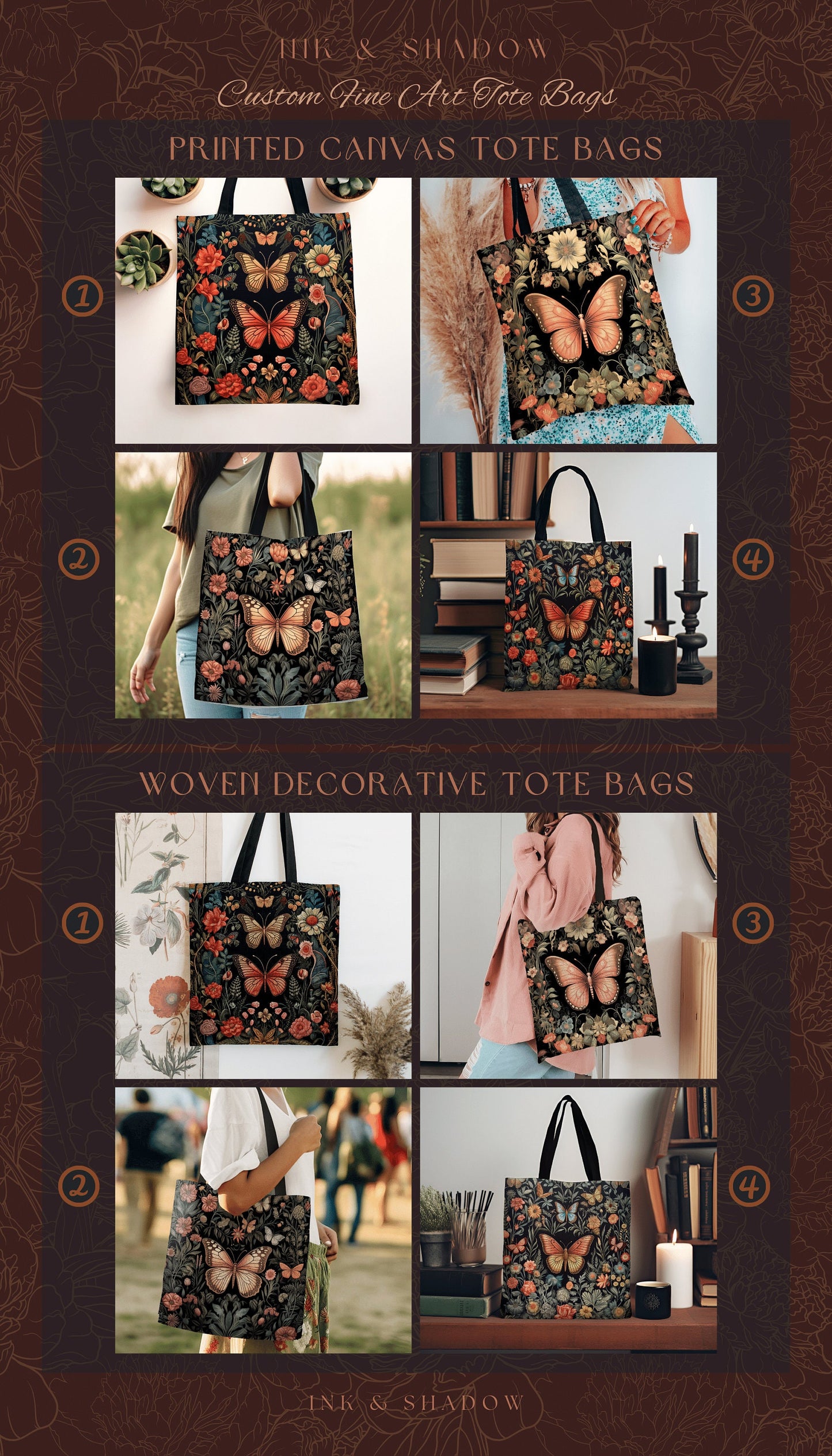 Grunge Fairycore Butterfly Shoulder Bag Cottagecore Gift for Butterfly Lover Dark Academia Floral Satchel Whimsigoth Aesthetic Tapestry Tote