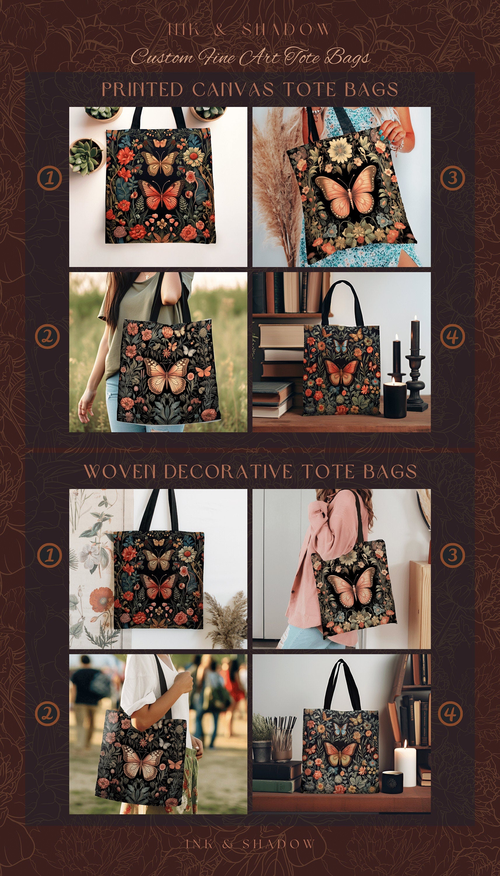 Grunge Fairycore Butterfly Shoulder Bag Cottagecore Gift for Butterfly Lover Dark Academia Floral Satchel Whimsigoth Aesthetic Tapestry Tote