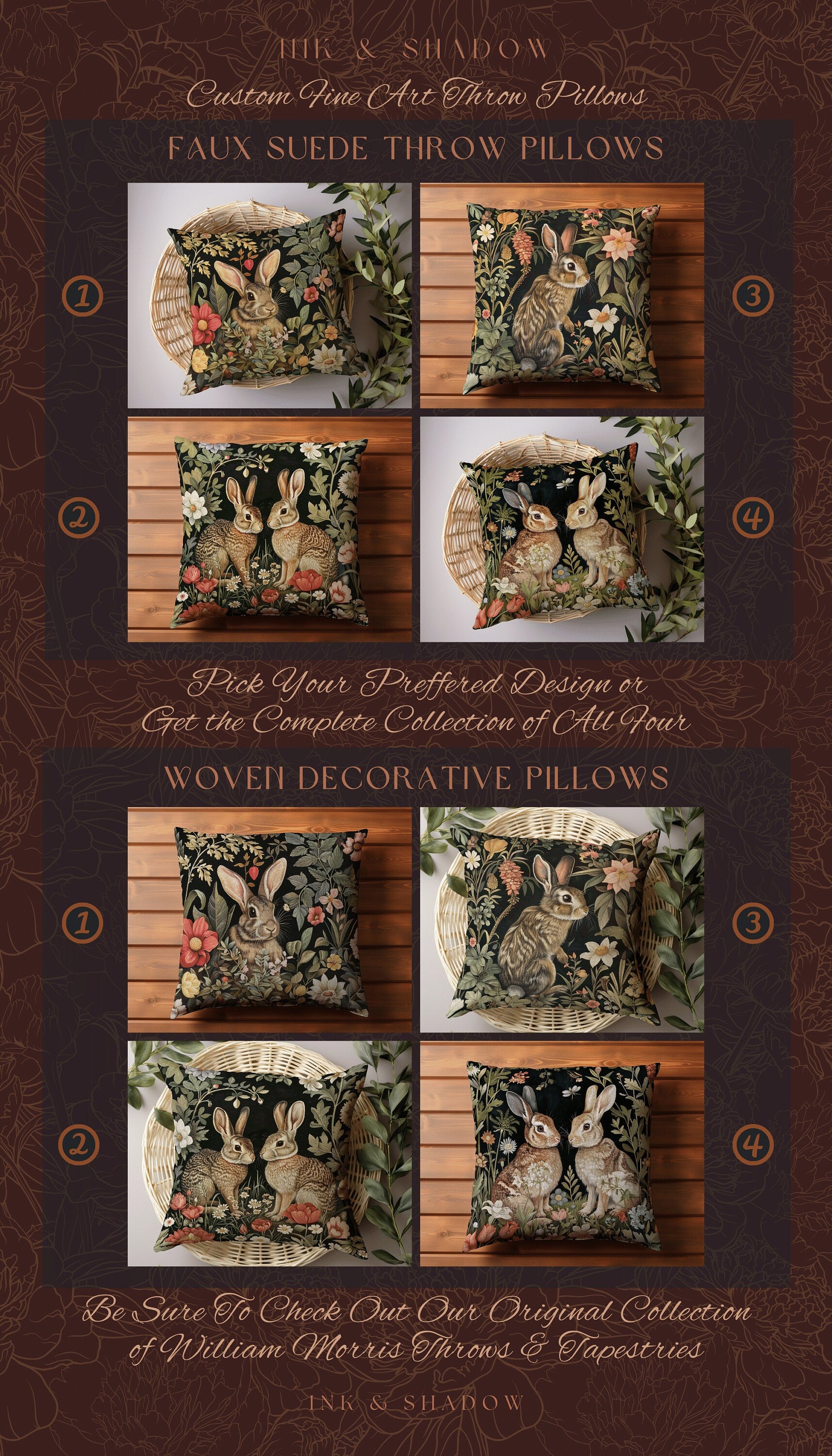 Woodland Floral Rabbit Pillow | Woven Couch Cushion William Morris Throw Woodland Bunny Decor Spring Botanical Rabbit Fairycore Book Nook