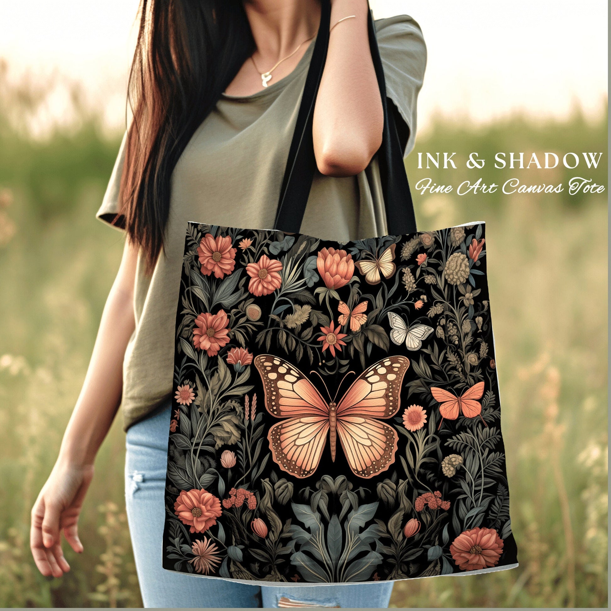 Grunge Fairycore Butterfly Shoulder Bag Cottagecore Gift for Butterfly Lover Dark Academia Floral Satchel Whimsigoth Aesthetic Tapestry Tote