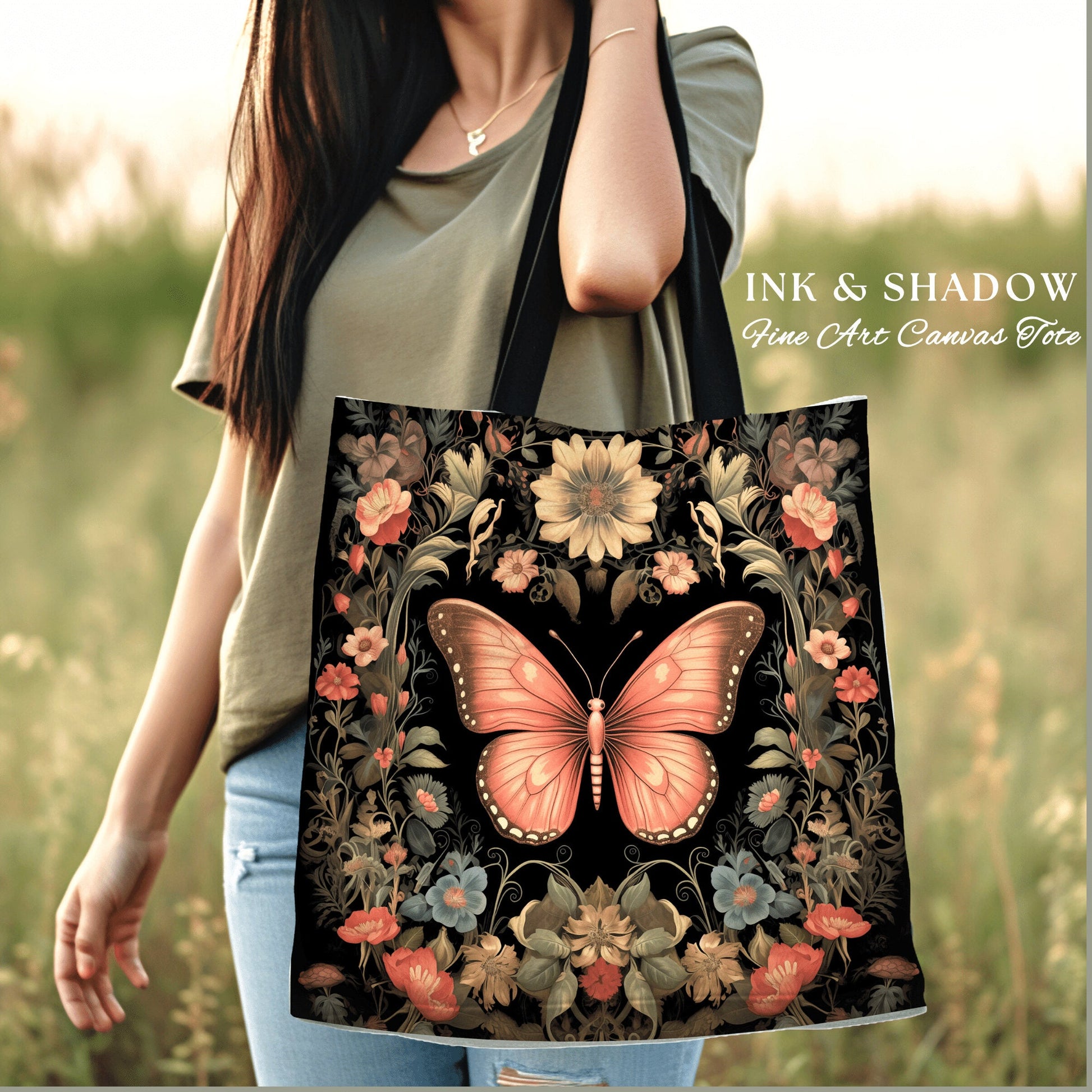 Fairy Grunge Butterfly Tote Bag Cottagecore Gift for Butterfly Lover Dark Academia Floral Satchel Witchy Fairycore Aesthetic Tapestry Bag