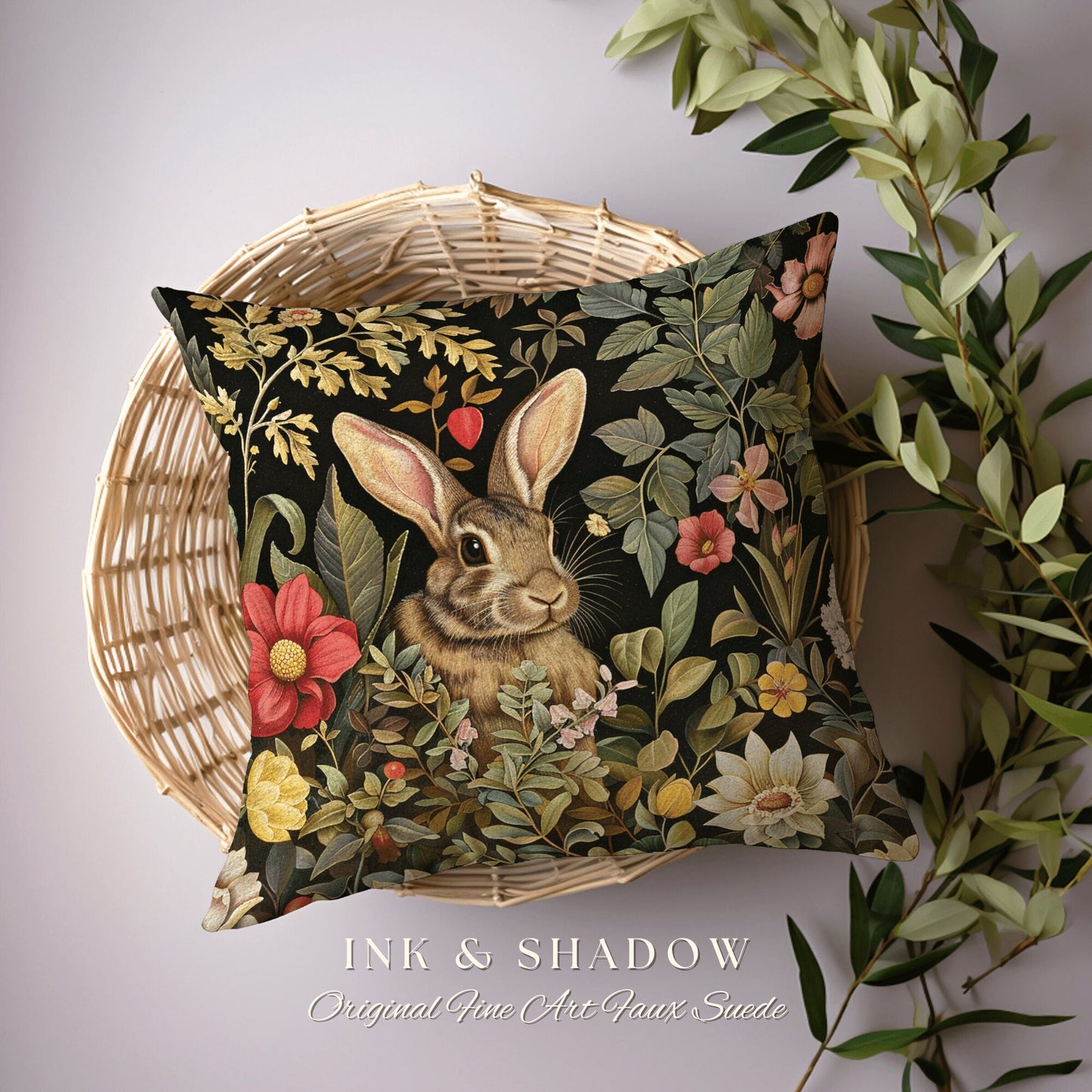 Woodland Floral Rabbit Pillow | Woven Couch Cushion William Morris Throw Woodland Bunny Decor Spring Botanical Rabbit Fairycore Book Nook