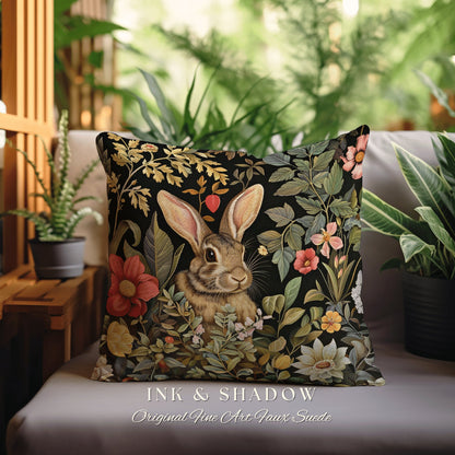 Woodland Floral Rabbit Pillow | Woven Couch Cushion William Morris Throw Woodland Bunny Decor Spring Botanical Rabbit Fairycore Book Nook