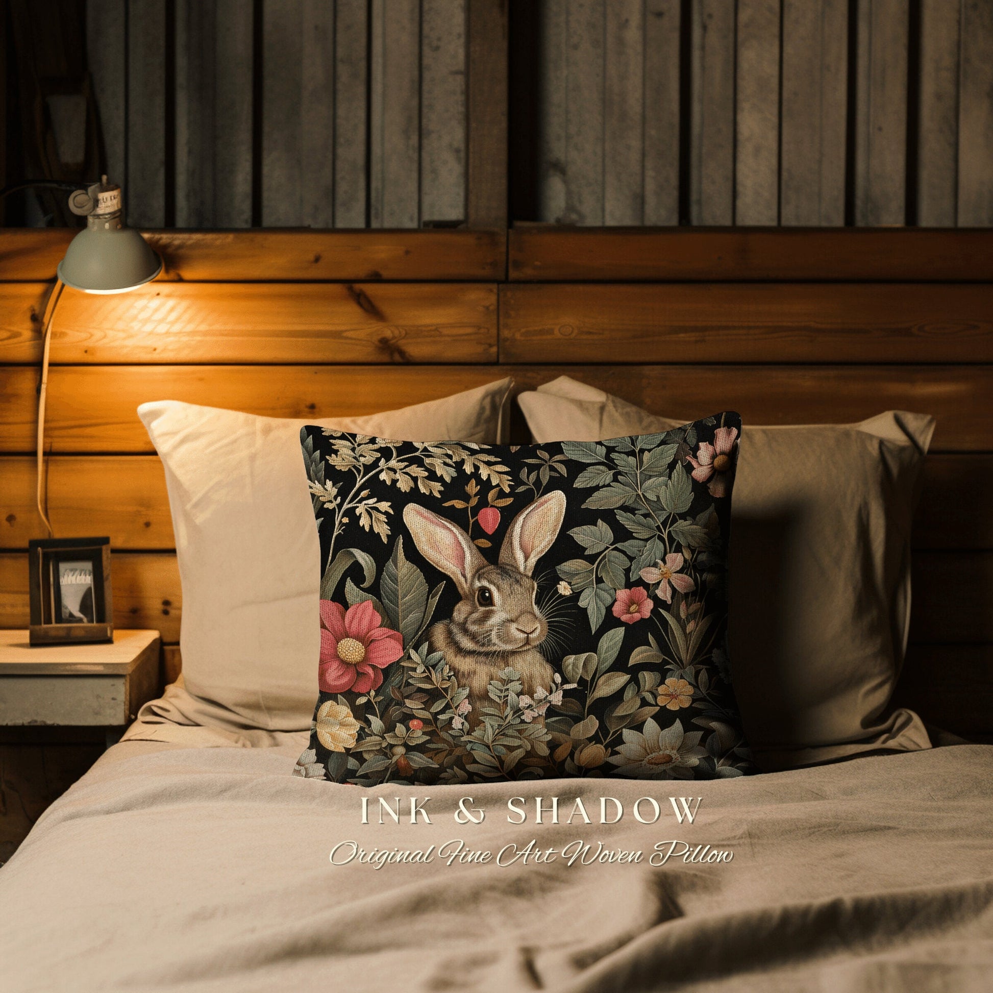 Woodland Floral Rabbit Pillow | Woven Couch Cushion William Morris Throw Woodland Bunny Decor Spring Botanical Rabbit Fairycore Book Nook