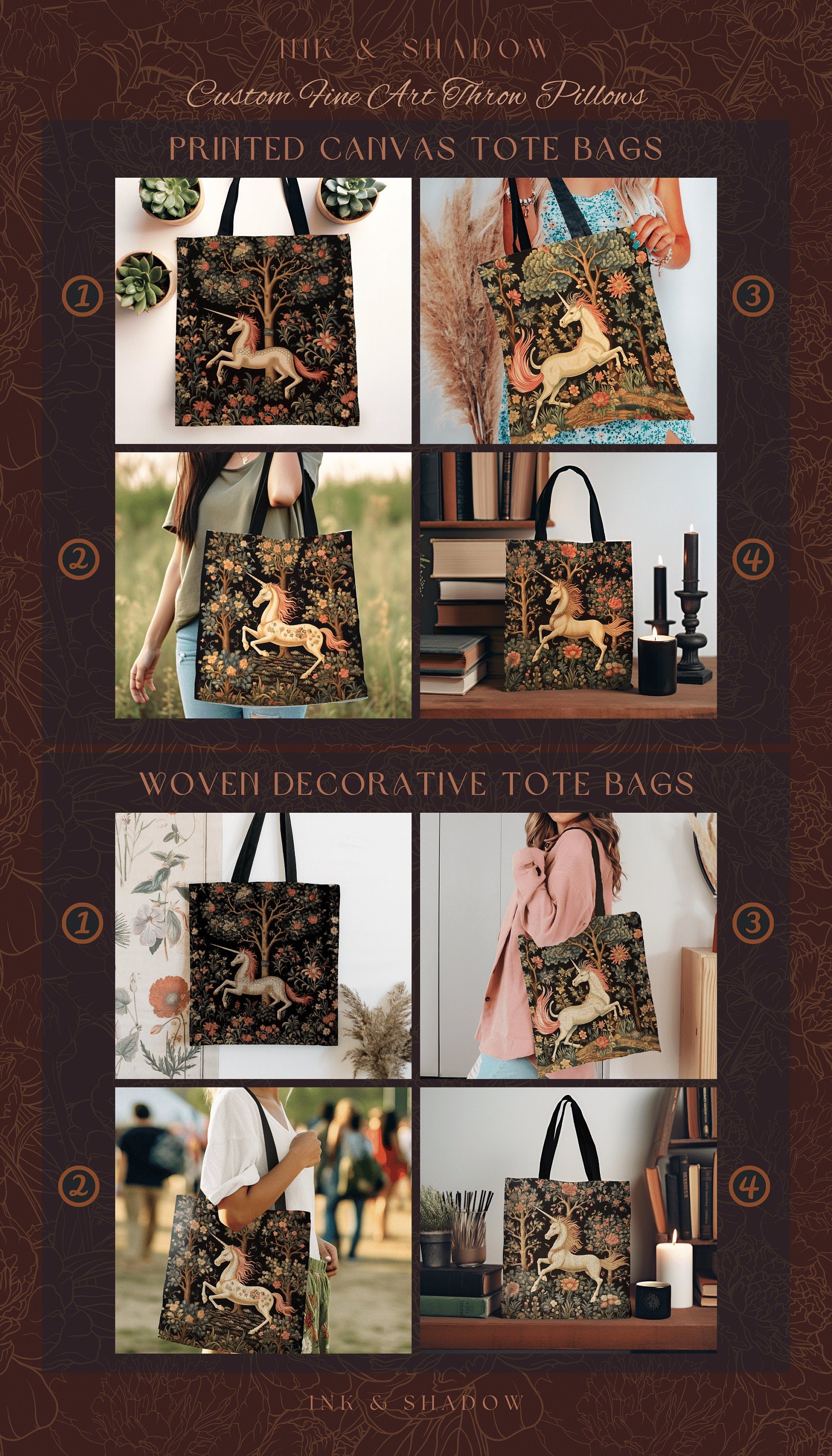 Unicorn Aesthetic Tote Bag | Gift for Unicorn Lover Dark Cottagecore Dark Floral Satchel Fairy Core Bookbag Pastel Fairycore Tapestry Tote