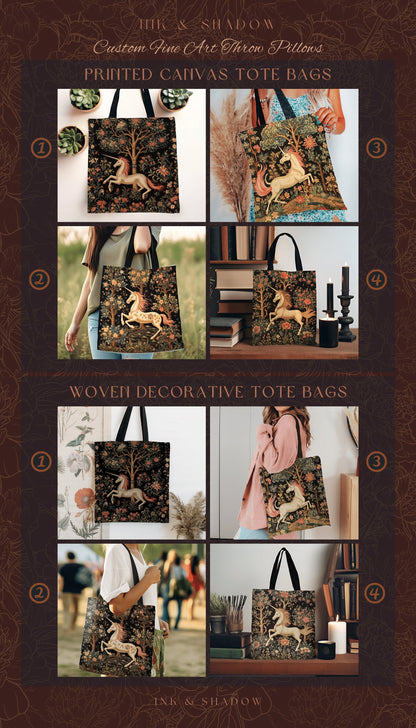 Unicorn Aesthetic Tote Bag | Gift for Unicorn Lover Dark Cottagecore Dark Floral Satchel Fairy Core Bookbag Pastel Fairycore Tapestry Tote