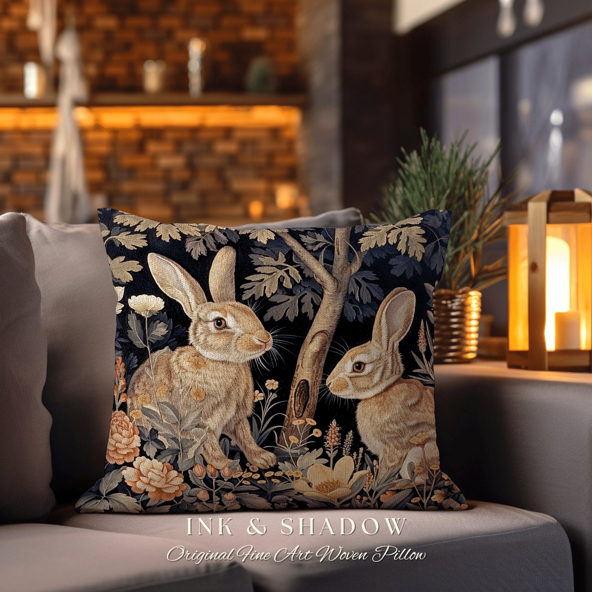 Rustic Woodland Accent Pillow | Couch Cushion William Morris Throw Bunny Decor Rustic Spring Botanical Rabbit Fairycore Bookish Gift