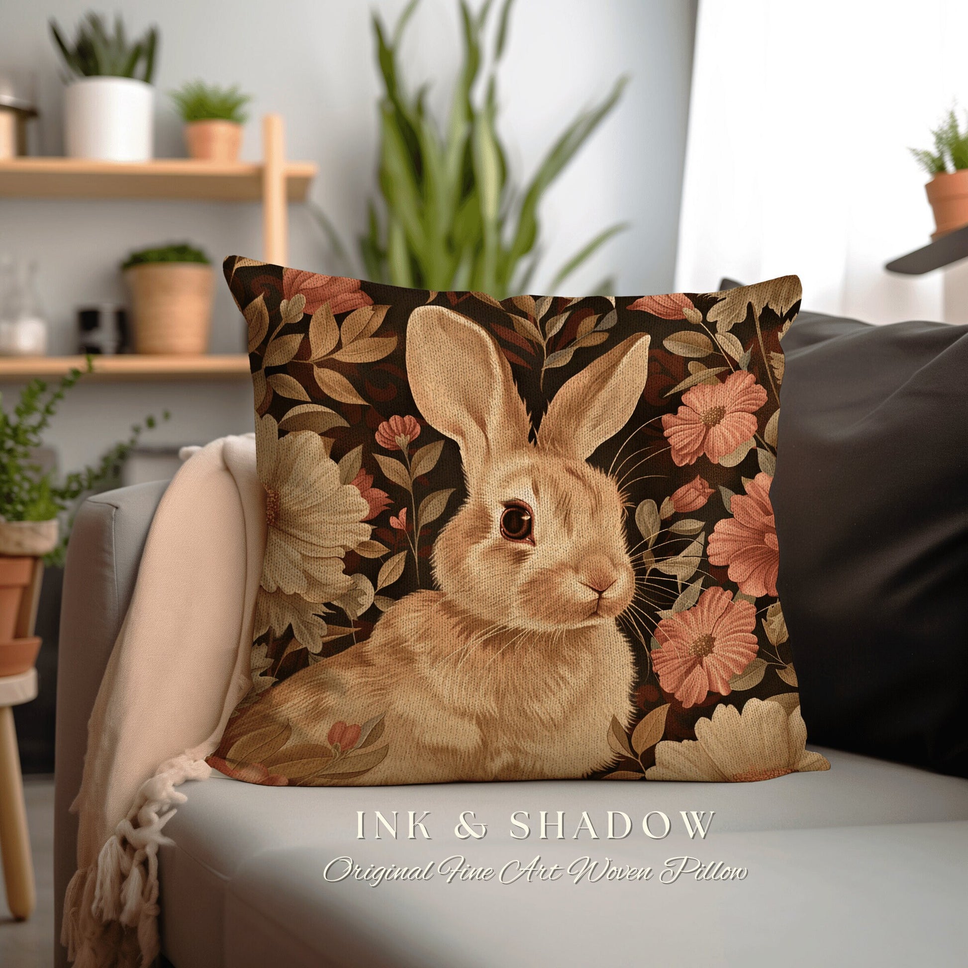 Spring Accent Pillow Floral | Woven Couch Cushion William Morris Throw Woodland Bunny Decor Botanical Rabbit Aesthetic Botanical Fairycore