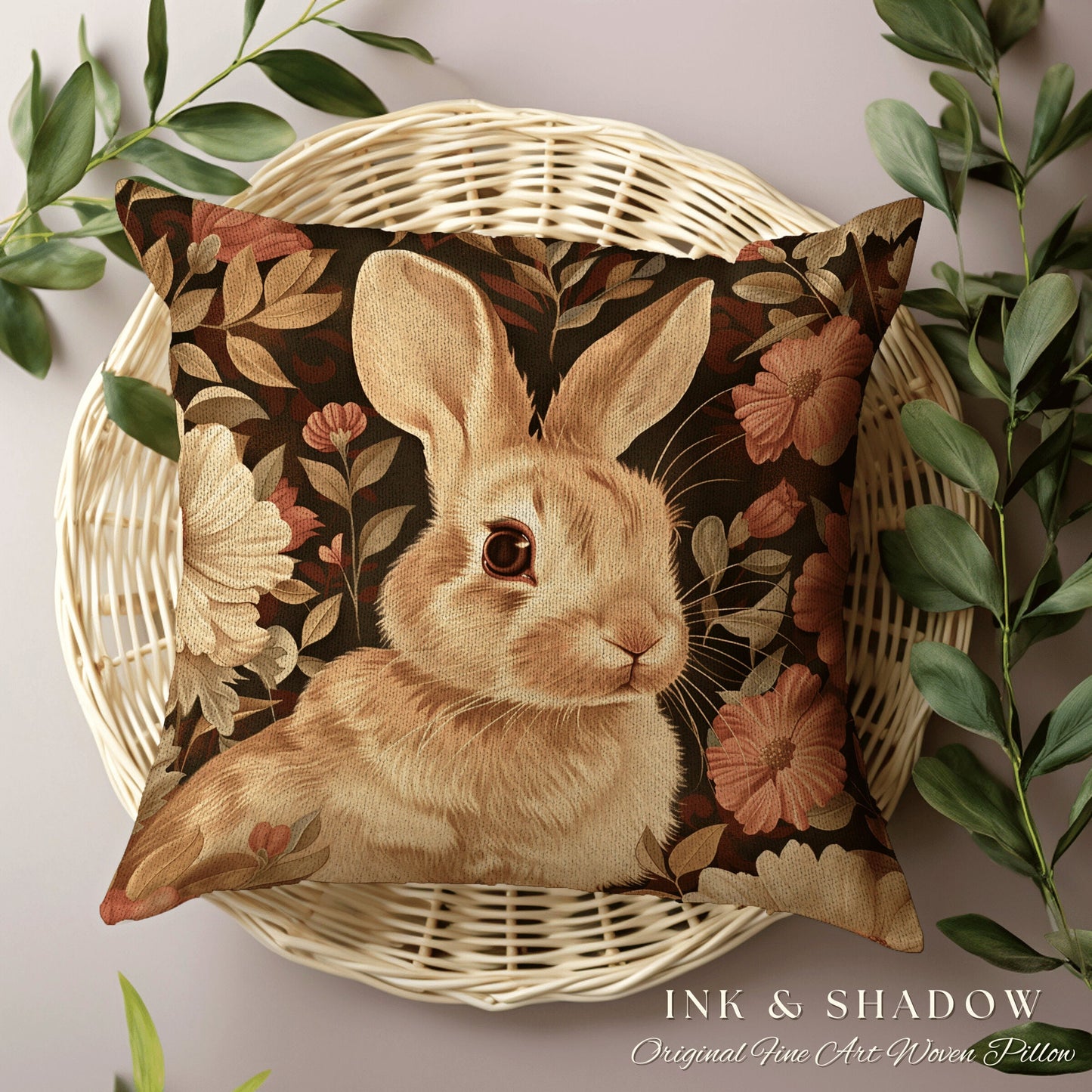 Spring Accent Pillow Floral | Woven Couch Cushion William Morris Throw Woodland Bunny Decor Botanical Rabbit Aesthetic Botanical Fairycore