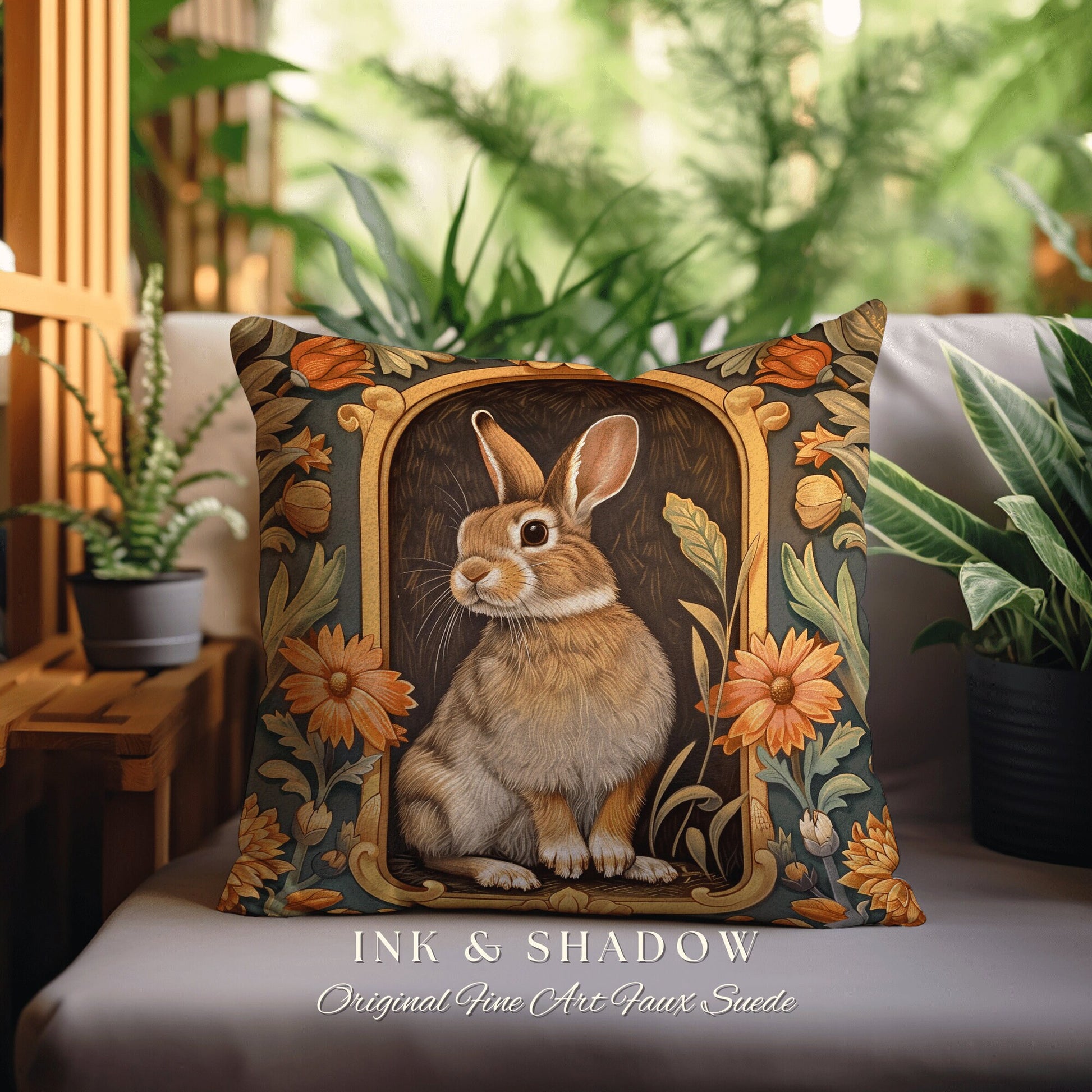 Boho Spring Decor Pillow | Couch Cushion William Morris Throw Woodland Bunny Decor Rustic Spring Botanical Rabbit Fairycore Book Nook Gift