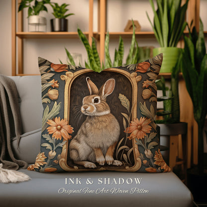 Boho Spring Decor Pillow | Couch Cushion William Morris Throw Woodland Bunny Decor Rustic Spring Botanical Rabbit Fairycore Book Nook Gift