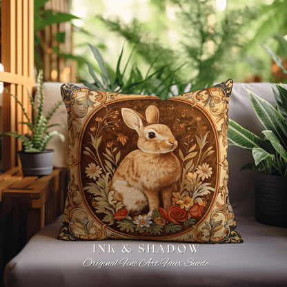 Ornate Rabbit Throw Pillow | Couch Cushion William Morris Throw Woodland Bunny Decor Spring Botanical Rabbit Fairycore Book Nook Gift