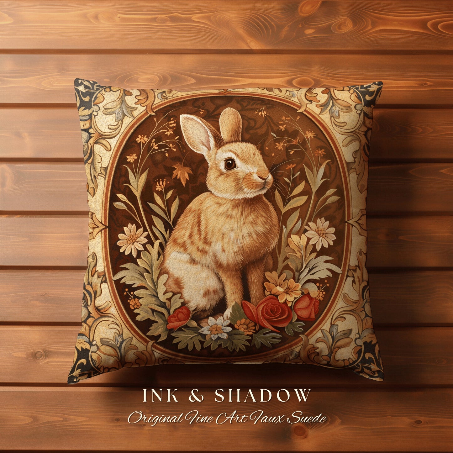 Ornate Rabbit Throw Pillow | Couch Cushion William Morris Throw Woodland Bunny Decor Spring Botanical Rabbit Fairycore Book Nook Gift