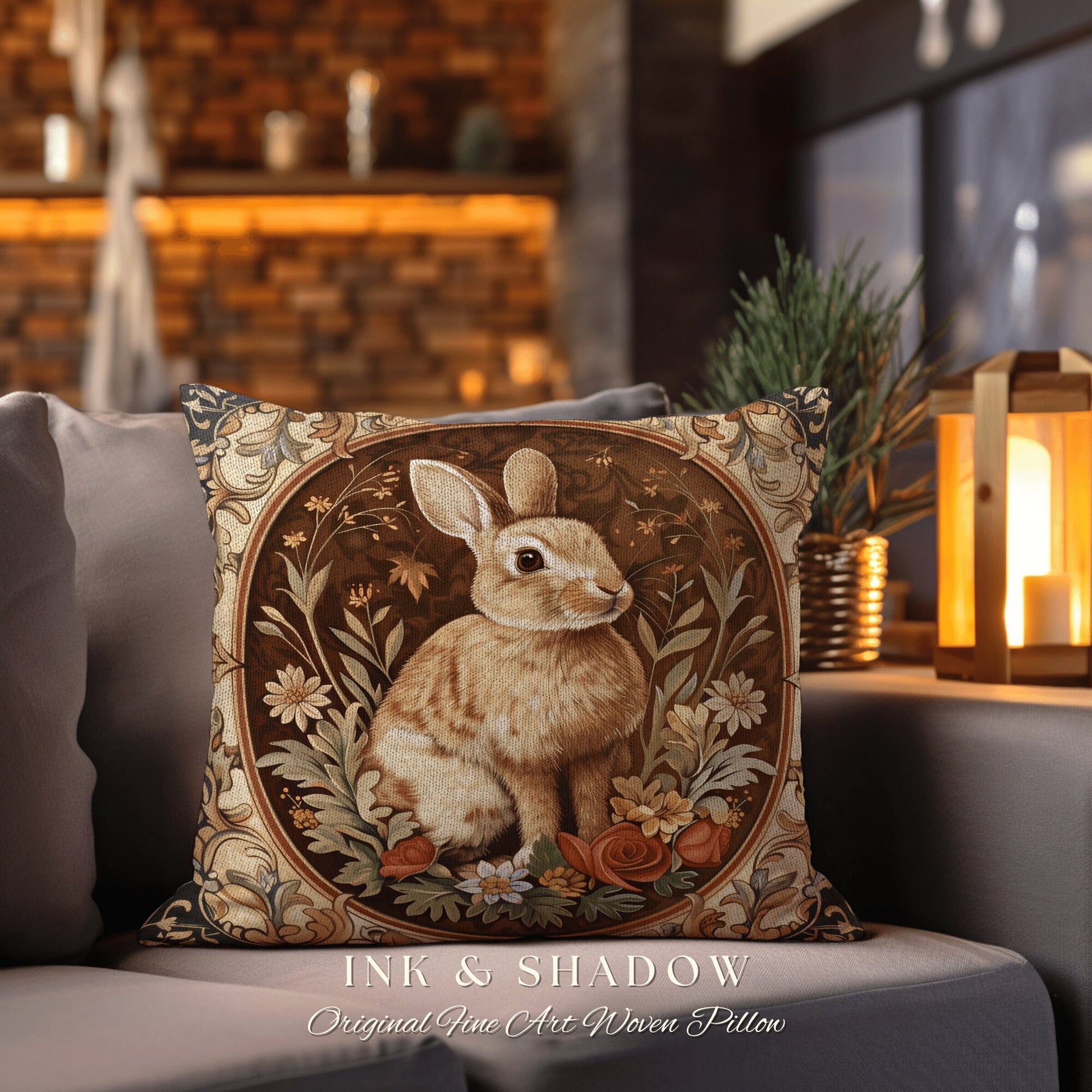 Ornate Rabbit Throw Pillow | Couch Cushion William Morris Throw Woodland Bunny Decor Spring Botanical Rabbit Fairycore Book Nook Gift