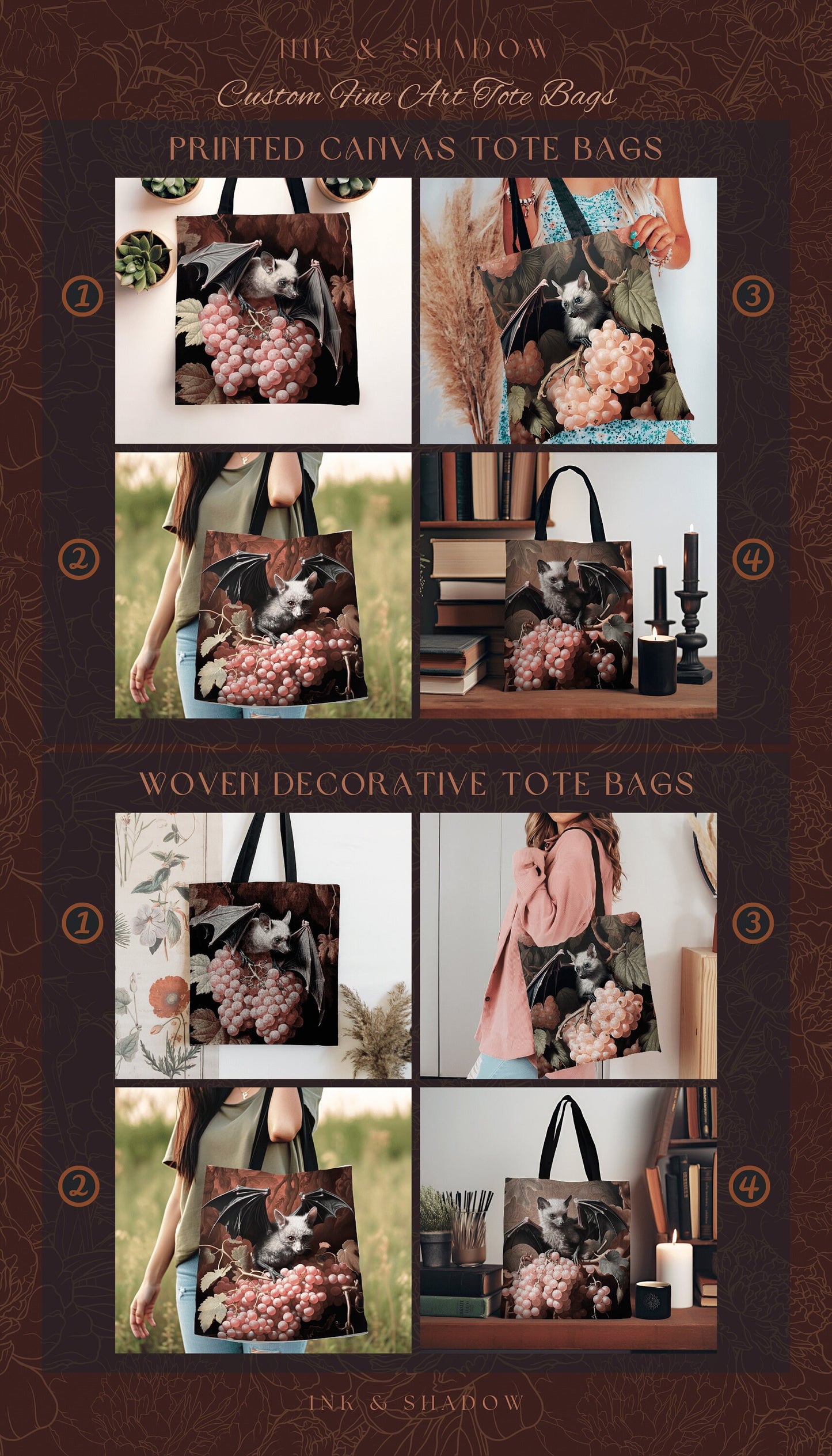 Mystic Bat Tote Bag | Dark Gothic Gift for Goths Dark Cottagecore Dark Floral Shoulderbag Witchy Bookbag Pastel Goth Crowcore Woven Tote Bag