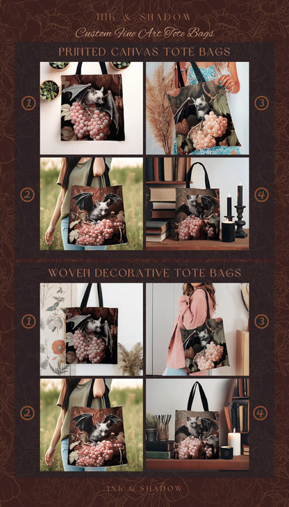 Mystic Bat Tote Bag | Dark Gothic Gift for Goths Dark Cottagecore Dark Floral Shoulderbag Witchy Bookbag Pastel Goth Crowcore Woven Tote Bag