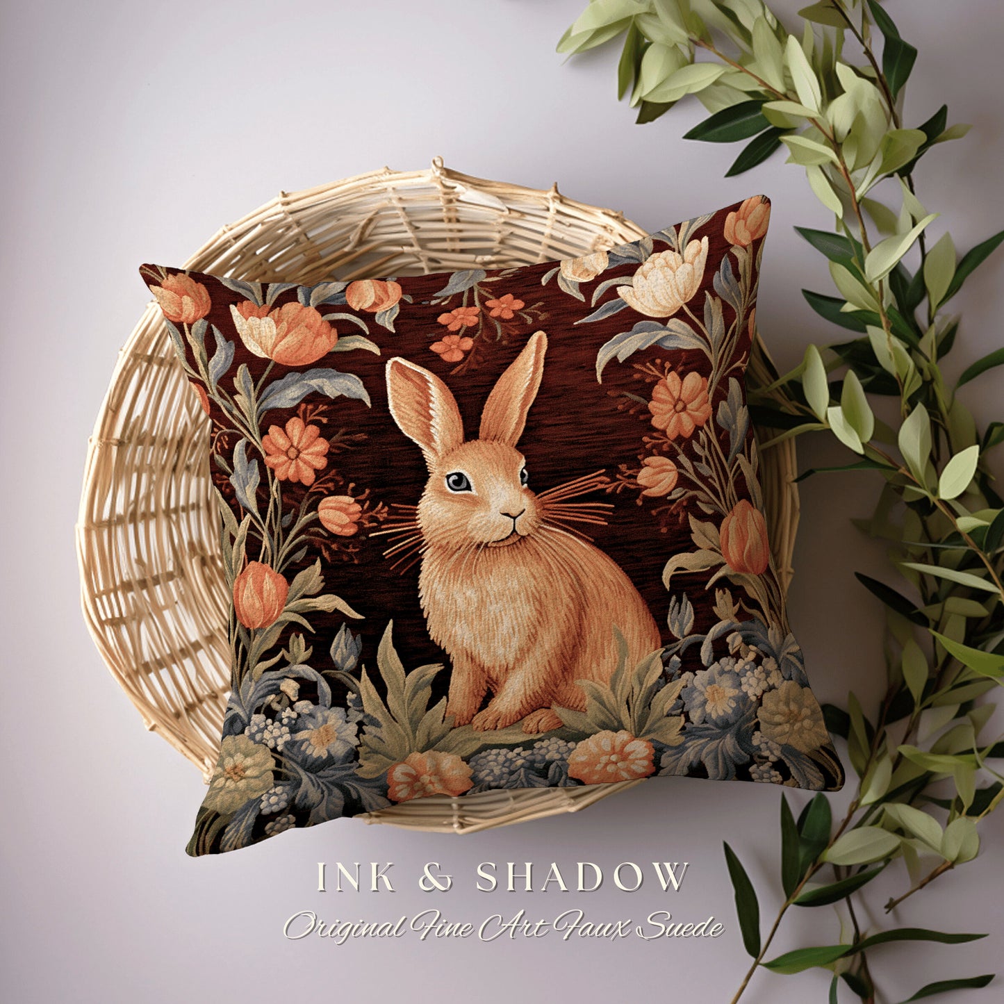 Warm Spring Home Decor Pillow | Couch Cushion William Morris Throw Bunny Boho Rustic Spring Botanical Rabbit Fairycore Bookish Gift