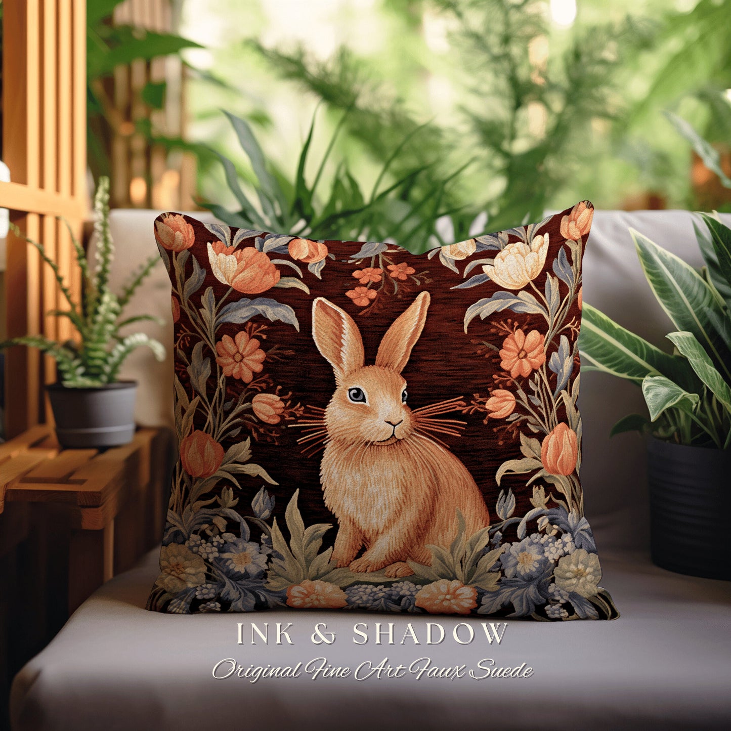 Warm Spring Home Decor Pillow | Couch Cushion William Morris Throw Bunny Boho Rustic Spring Botanical Rabbit Fairycore Bookish Gift