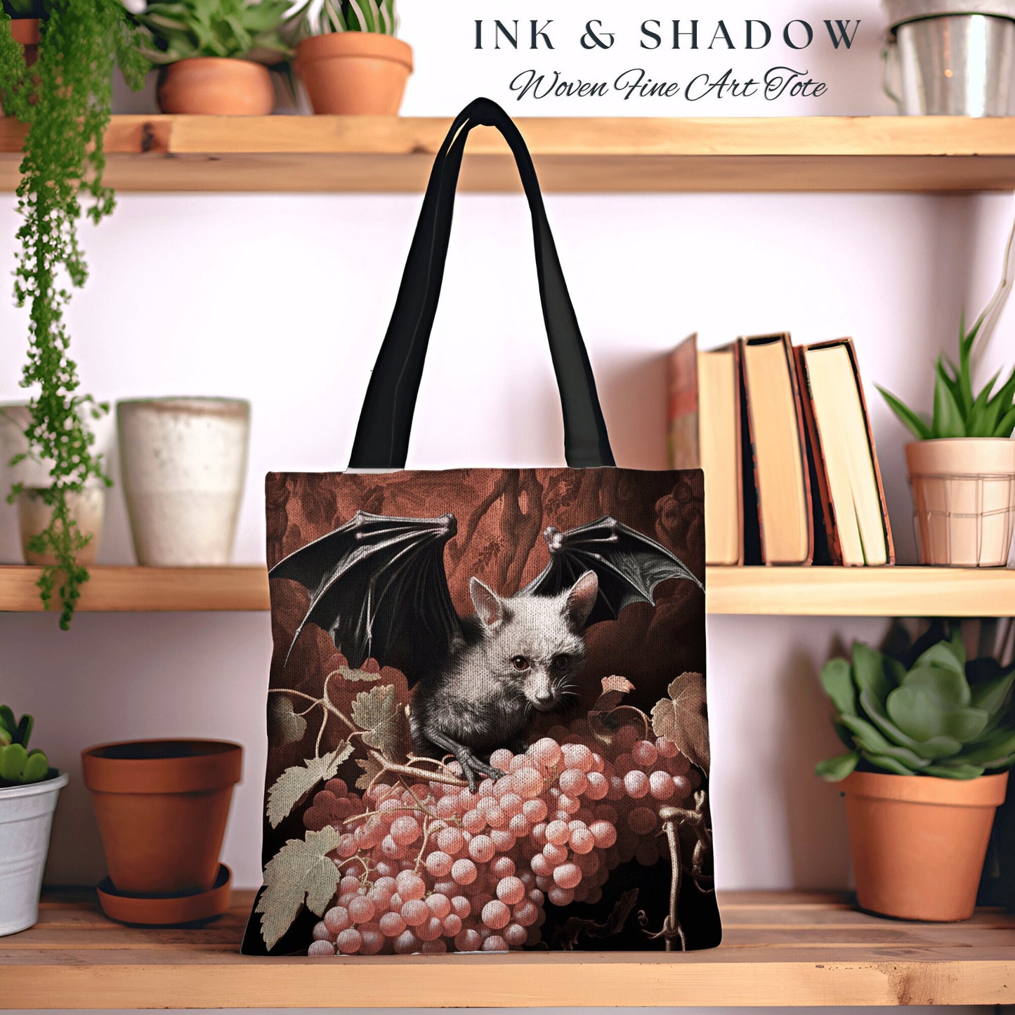 Mystic Bat Tote Bag | Dark Gothic Gift for Goths Dark Cottagecore Dark Floral Shoulderbag Witchy Bookbag Pastel Goth Crowcore Woven Tote Bag