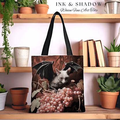 Mystic Bat Tote Bag | Dark Gothic Gift for Goths Dark Cottagecore Dark Floral Shoulderbag Witchy Bookbag Pastel Goth Crowcore Woven Tote Bag