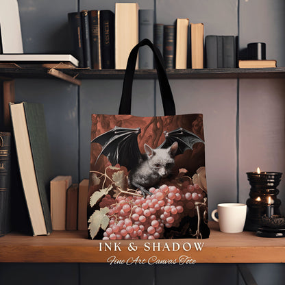 Mystic Bat Tote Bag | Dark Gothic Gift for Goths Dark Cottagecore Dark Floral Shoulderbag Witchy Bookbag Pastel Goth Crowcore Woven Tote Bag
