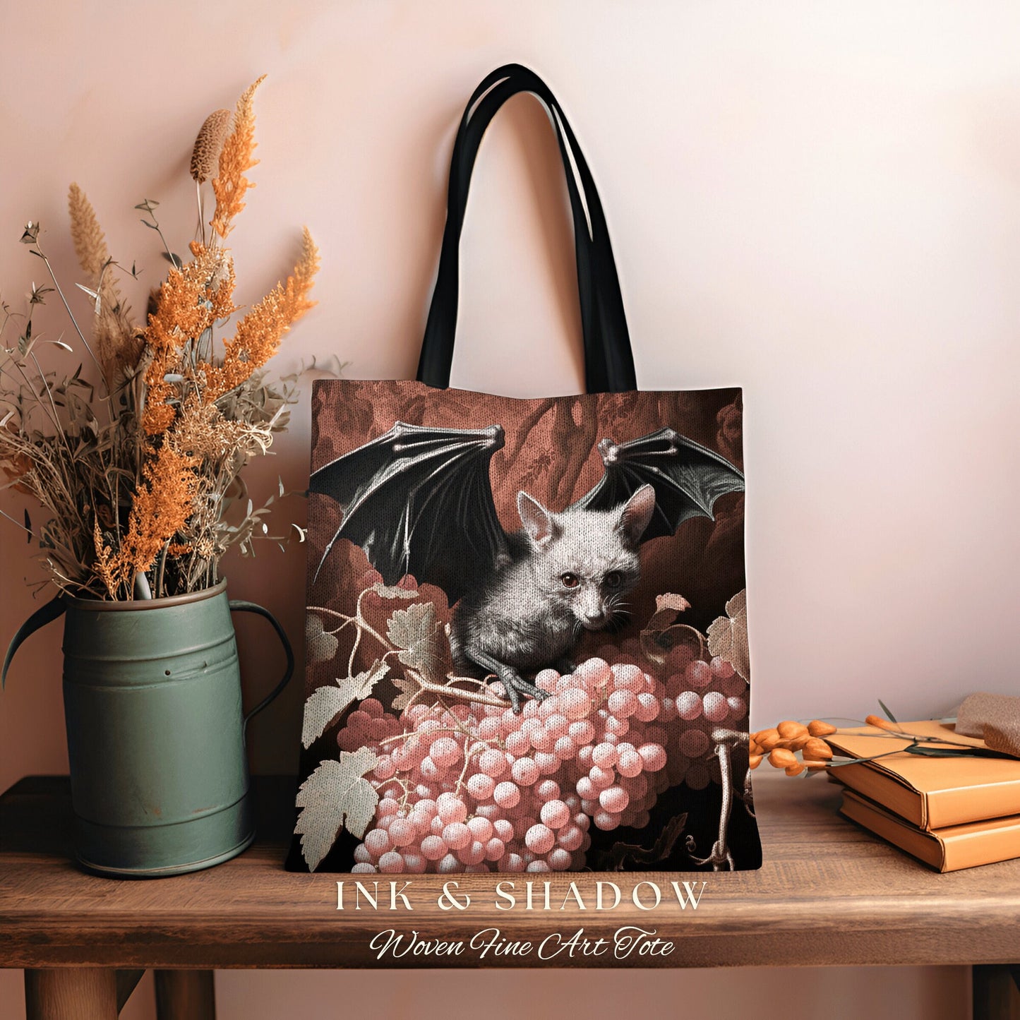 Mystic Bat Tote Bag | Dark Gothic Gift for Goths Dark Cottagecore Dark Floral Shoulderbag Witchy Bookbag Pastel Goth Crowcore Woven Tote Bag