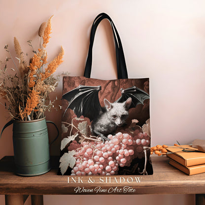 Mystic Bat Tote Bag | Dark Gothic Gift for Goths Dark Cottagecore Dark Floral Shoulderbag Witchy Bookbag Pastel Goth Crowcore Woven Tote Bag