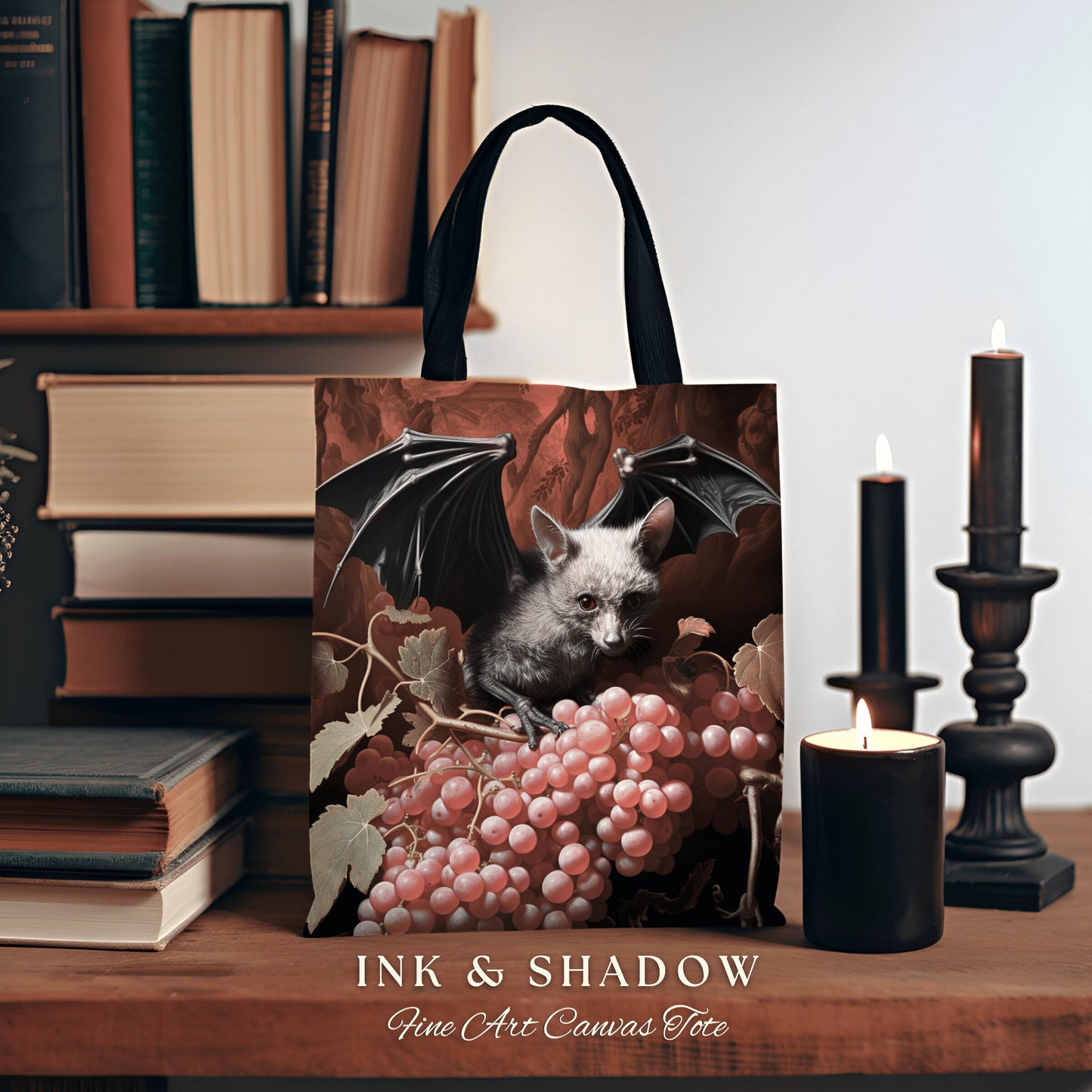 Mystic Bat Tote Bag | Dark Gothic Gift for Goths Dark Cottagecore Dark Floral Shoulderbag Witchy Bookbag Pastel Goth Crowcore Woven Tote Bag