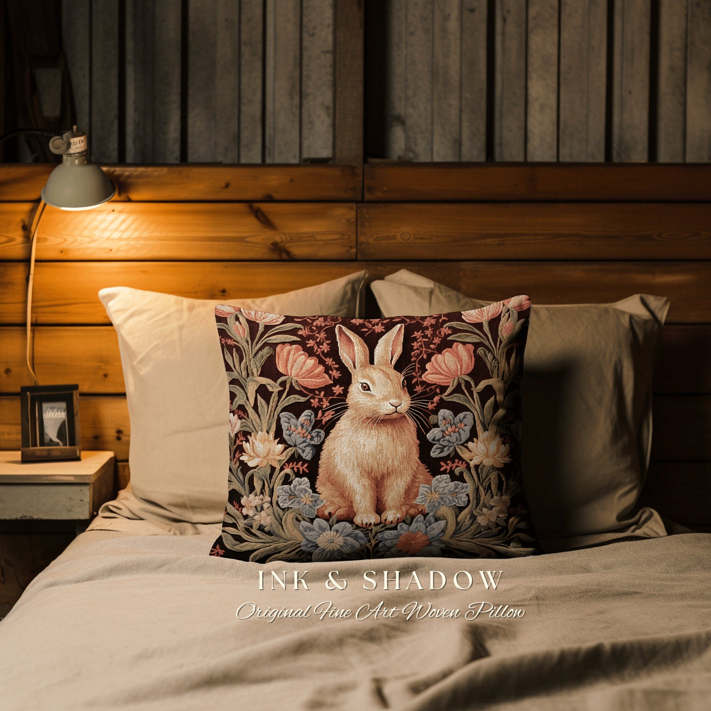 Floral Bunny Rabbit Accent Pillow | Couch Cushion William Morris Throw Bunny Decor Rustic Spring Botanical Rabbit Fairycore Bookish Gift