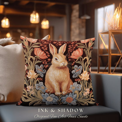 Floral Bunny Rabbit Accent Pillow | Couch Cushion William Morris Throw Bunny Decor Rustic Spring Botanical Rabbit Fairycore Bookish Gift