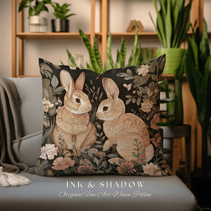 Soft Aesthetic Bunny Pillow | Woven Couch Cushion William Morris Throw Woodland Bunny Decor Spring Botanical Rabbit Botanical Fairycore |