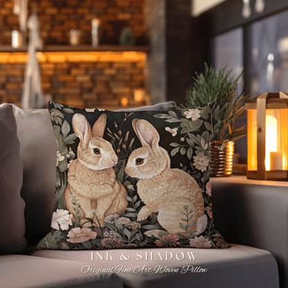 Soft Aesthetic Bunny Pillow | Woven Couch Cushion William Morris Throw Woodland Bunny Decor Spring Botanical Rabbit Botanical Fairycore |