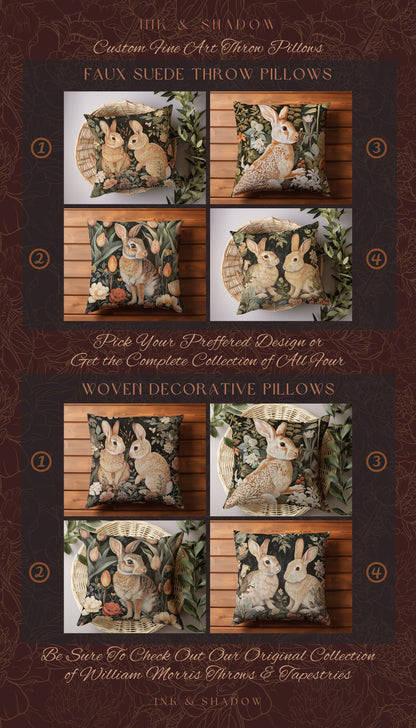 Soft Aesthetic Bunny Pillow | Woven Couch Cushion William Morris Throw Woodland Bunny Decor Spring Botanical Rabbit Botanical Fairycore |
