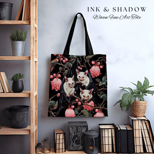 Dark Academia Tote Bag | Gift for Bat Lover Dark Cottagecore Dark Floral Gothic Satchel Witchy Bookbag Pastel Goth Crowcore Aesthetic |