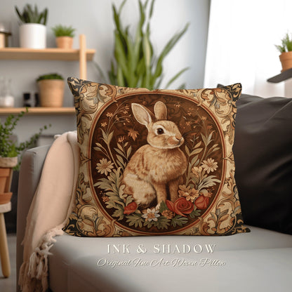 Ornate Rabbit Throw Pillow | Couch Cushion William Morris Throw Woodland Bunny Decor Spring Botanical Rabbit Fairycore Book Nook Gift