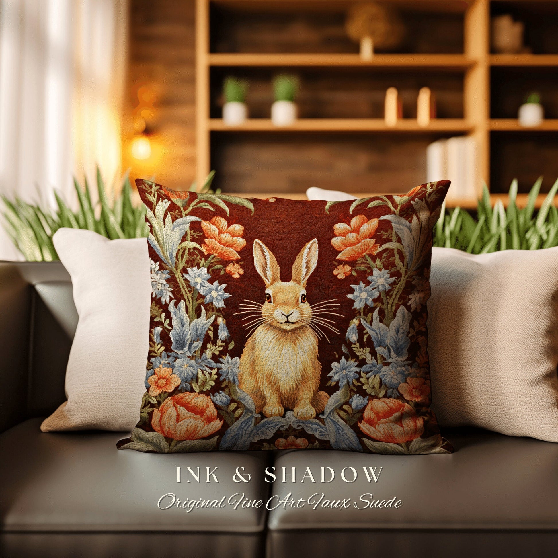 Whimsical Bunny Pillow Floral Accent Dark Cottagecore Floral Bunnies Decor Rustic Boho Fairycore Botanical Rabbit Rustic Housewarming Gift