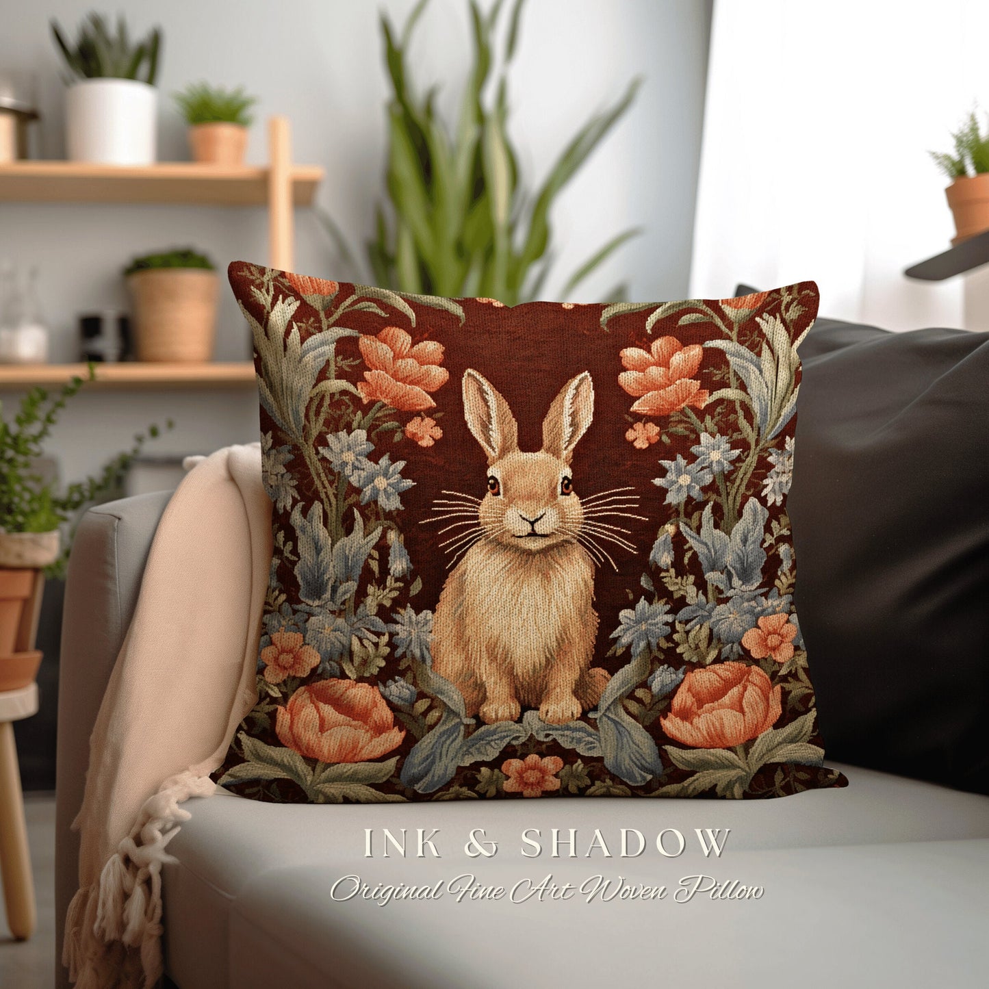 Whimsical Bunny Pillow Floral Accent Dark Cottagecore Floral Bunnies Decor Rustic Boho Fairycore Botanical Rabbit Rustic Housewarming Gift