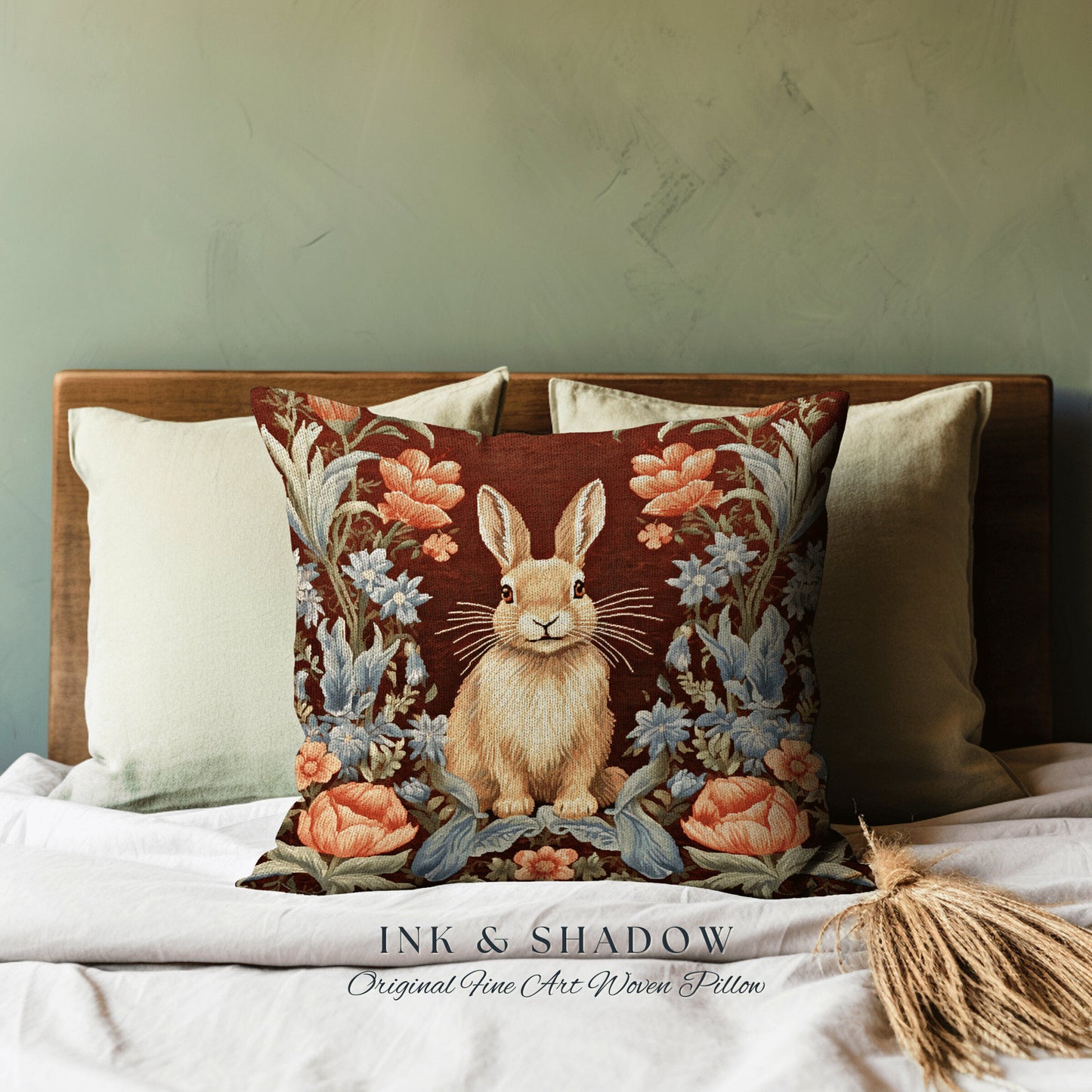 Whimsical Bunny Pillow Floral Accent Dark Cottagecore Floral Bunnies Decor Rustic Boho Fairycore Botanical Rabbit Rustic Housewarming Gift