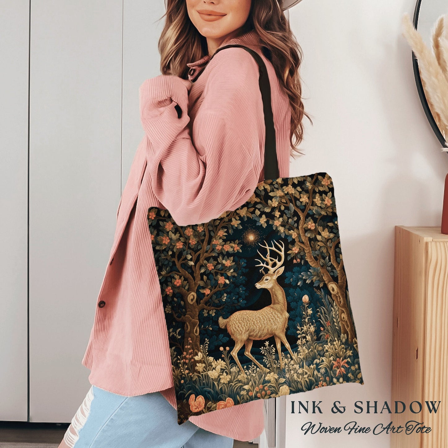 Enchanted Woods Tote | Folk Art Aesthetic Shoulderbag Woven William Morris Bag Dark Fairycore Gothic Botanical Deer Woodland Magic Bag |