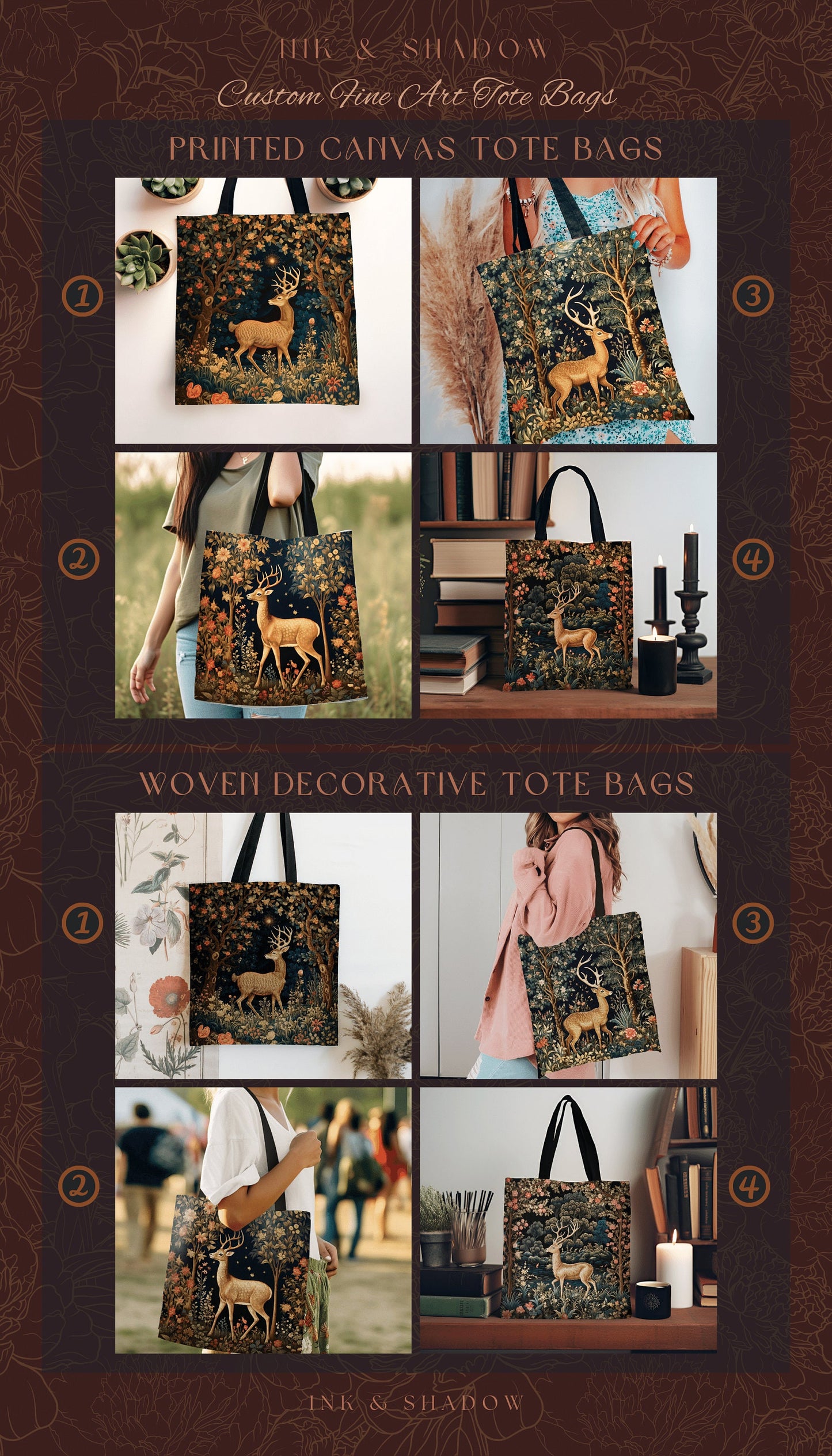 Whimsical Deer Tote Bag Baraoque Aesthetic Forestcore Bag | Folk Art Tapestry Shoulderbag Woven Cottagecore Fairycore Deer Woodland Gift