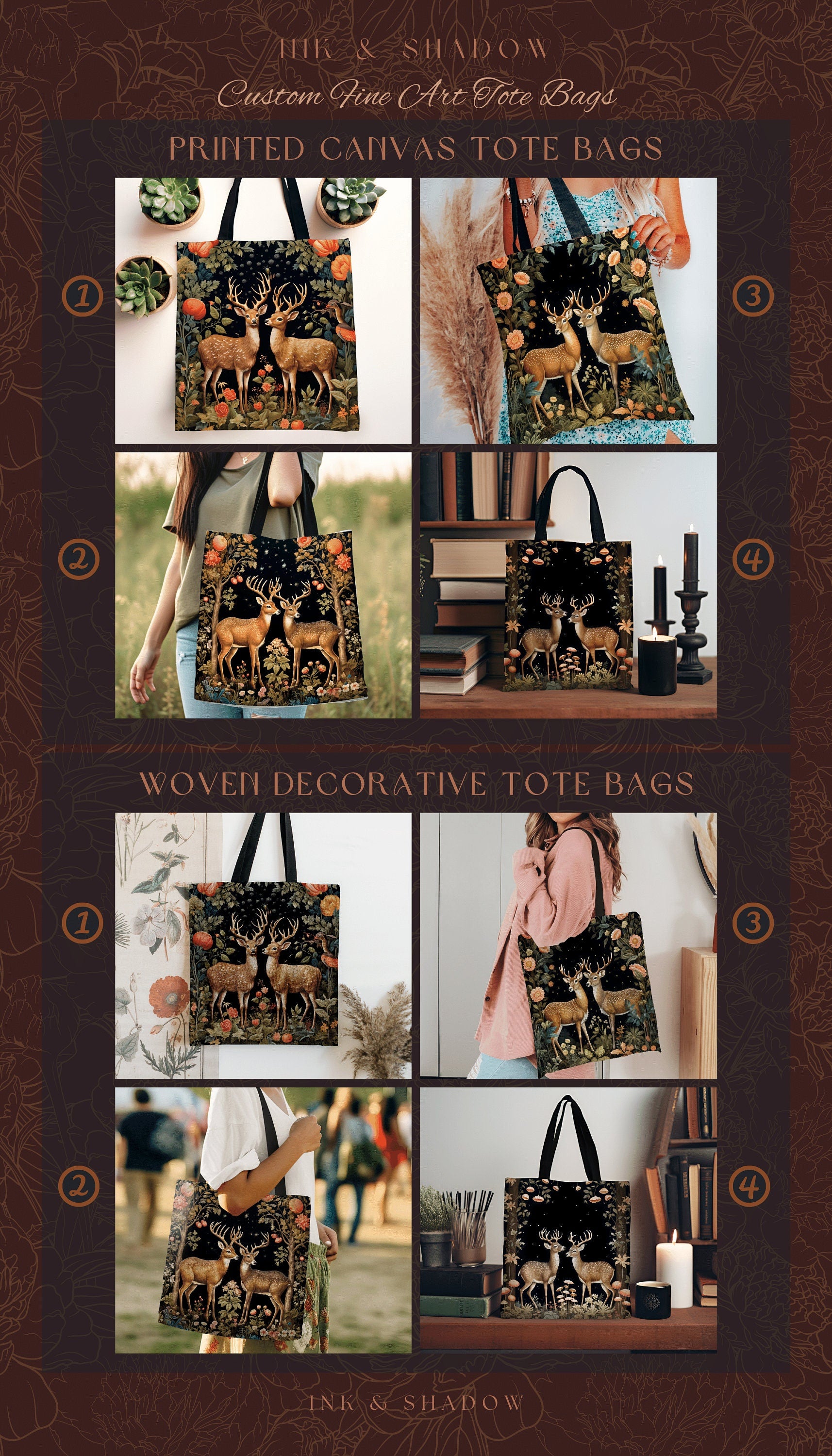 Fairycore Everyday Tote Bag | Folklore Aesthetic Shoulderbag Woven William Morris Bag Dark Fairy Core Gothic Botanical Deer Eclectic Style