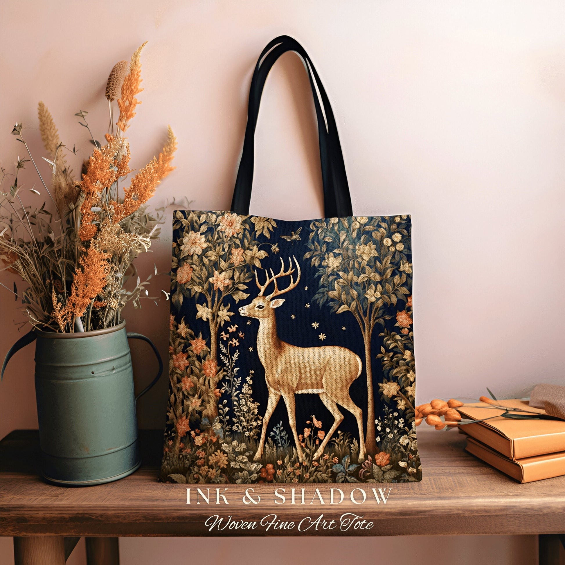 Whimsical Deer Tote Bag Baraoque Aesthetic Forestcore Bag | Folk Art Tapestry Shoulderbag Woven Cottagecore Fairycore Deer Woodland Gift