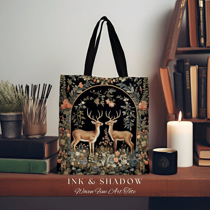 Forest Spirits Tapestry Tote | Folklore Aesthetic Shoulderbag Woven William Morris Bag Dark Fairycore Gothic Botanical Deer Woodland Magic